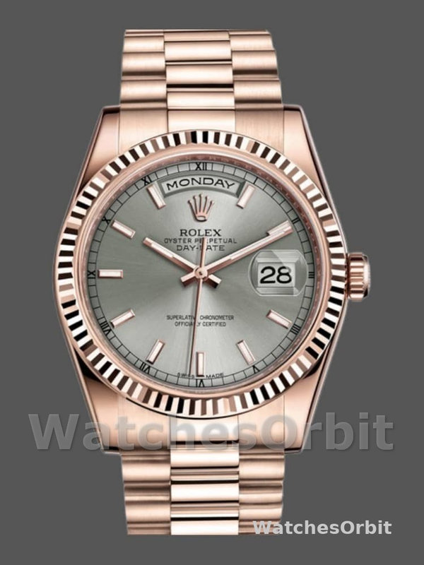 Rolex Day-Date 118235 Rhodium Grey Dial Rose Gold 36mm Unisex Replica Watch