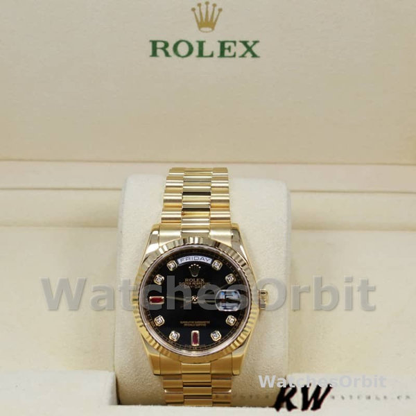 Rolex Day Date 118238 Black Diamond Dial Fluted Bezel 36mm Mens Replica Watch