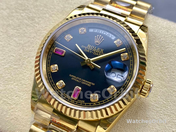 Rolex Day Date 118238 Black Diamond Dial Fluted Bezel 36mm Mens Replica Watch
