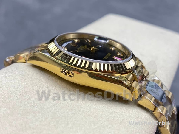 Rolex Day Date 118238 Black Diamond Dial Fluted Bezel 36mm Mens Replica Watch