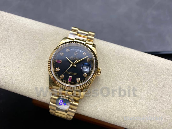 Rolex Day Date 118238 Black Diamond Dial Fluted Bezel 36mm Mens Replica Watch