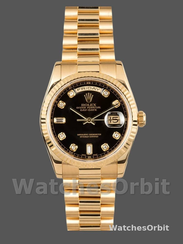 Rolex Day Date 118238 Yellow Gold Black Diamond Dial 36mm Mens Replica Watch
