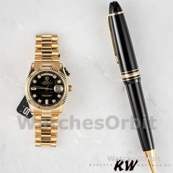 Rolex Day Date 118238 Yellow Gold Black Diamond Dial 36mm Mens Replica Watch