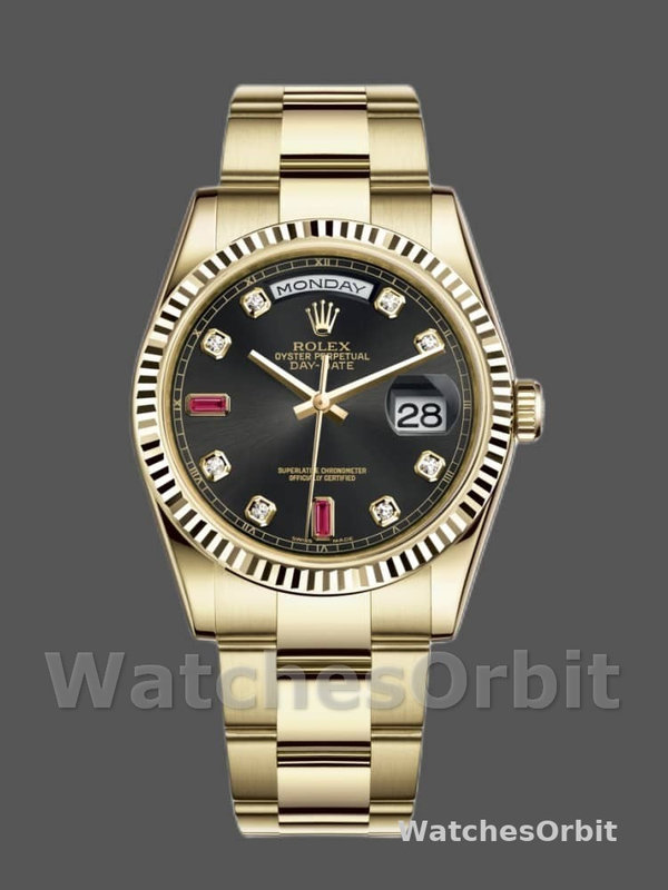 Rolex Day Date 118238 Yellow Gold Black Diamond Dial Fluted Bezel 36mm Mens Replica Watch