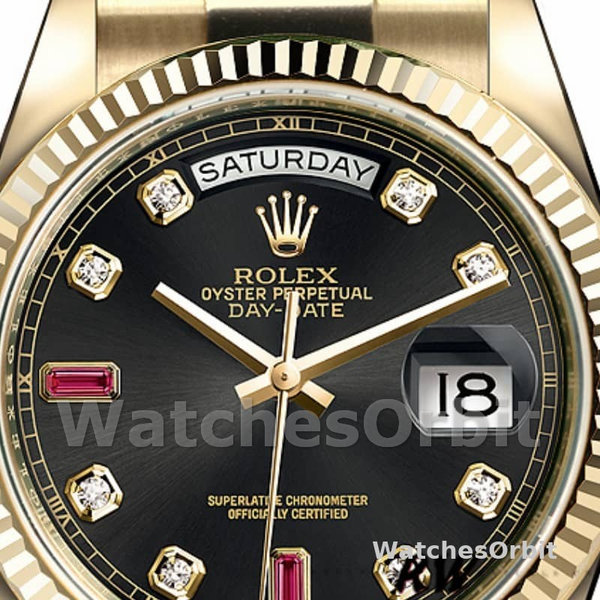 Rolex Day Date 118238 Yellow Gold Black Diamond Dial Fluted Bezel 36mm Mens Replica Watch