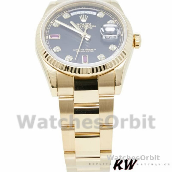 Rolex Day Date 118238 Yellow Gold Black Diamond Dial Fluted Bezel 36mm Mens Replica Watch