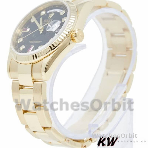 Rolex Day Date 118238 Yellow Gold Black Diamond Dial Fluted Bezel 36mm Mens Replica Watch
