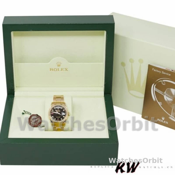 Rolex Day Date 118238 Yellow Gold Black Diamond Dial Fluted Bezel 36mm Mens Replica Watch