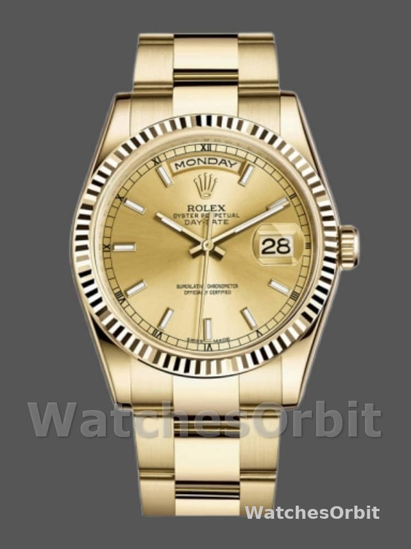 Rolex Day-Date 118238 Yellow Gold Fluted Bezel Champagne Dial 36mm Unisex Replica Watch