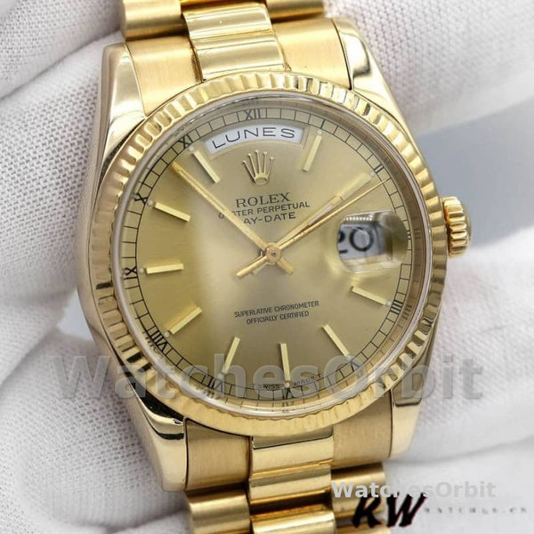 Rolex Day-Date 118238 Yellow Gold Fluted Bezel Champagne Dial 36mm Unisex Replica Watch