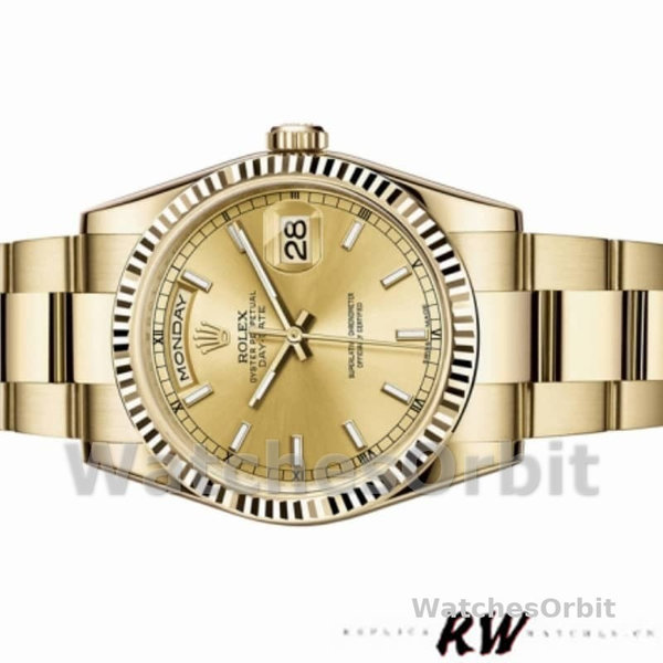 Rolex Day-Date 118238 Yellow Gold Fluted Bezel Champagne Dial 36mm Unisex Replica Watch
