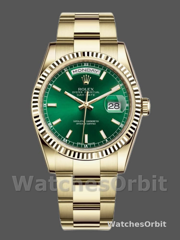 Rolex Day-Date 118238 Yellow Gold Green Dial 36mm Unisex Replica Watch
