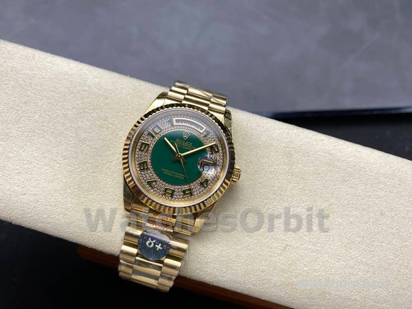 Rolex Day-Date 118238 Yellow Gold Green Diamond Pave Dial 36mm Unisex Replica Watch