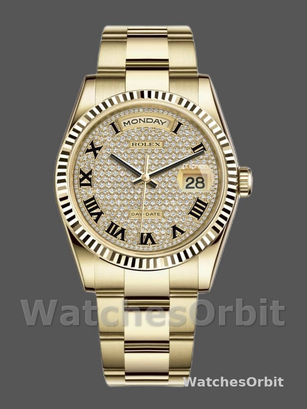 Rolex Day-Date 118238 Yellow Gold Pave diamond dial 36mm Unisex Replica Watch