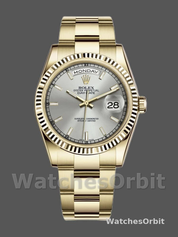 Rolex Day-Date 118238 Yellow Gold Silver dial Fluted Bezel 36mm Unisex Replica Watch