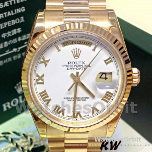 Rolex Day-Date 118238 Yellow Gold White dial Fluted Bezel 36mm Unisex Replica Watch