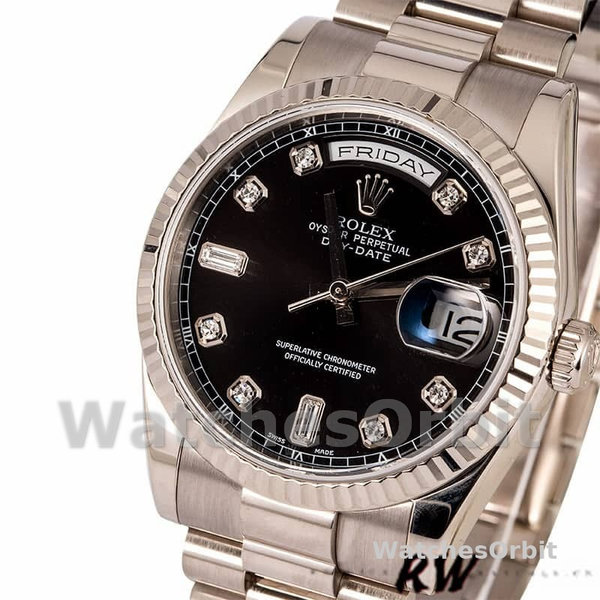 Rolex Day-Date 118239 Black Diamonds Dial Fluted Bezel 36mm Unisex Replica Watch