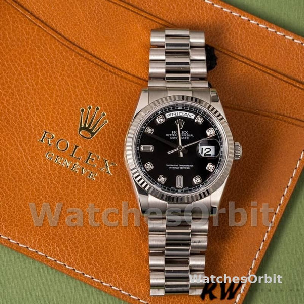 Rolex Day-Date 118239 Black Diamonds Dial Fluted Bezel 36mm Unisex Replica Watch