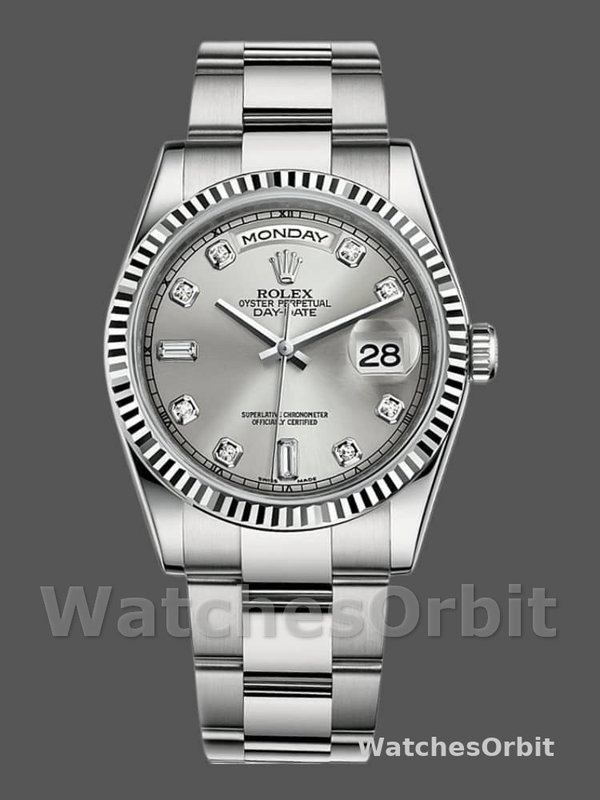 Rolex Day-Date 118239 Silver Diamond Dial fluted bezel 36mm Unisex Replica Watch