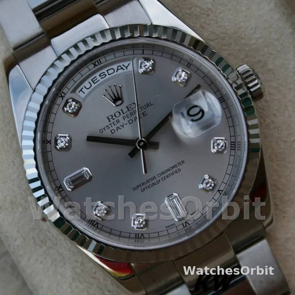 Rolex Day-Date 118239 Silver Diamond Dial fluted bezel 36mm Unisex Replica Watch