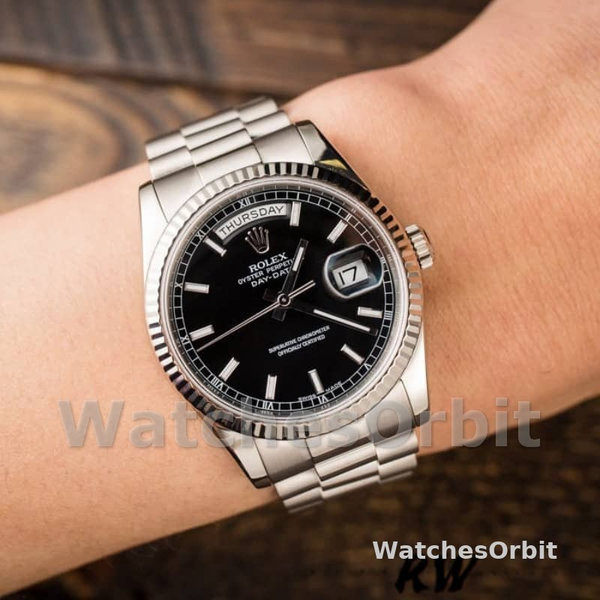 Rolex Day-Date 118239 White Gold Black Dial Fluted Bezel 36mm Unisex Replica Watch