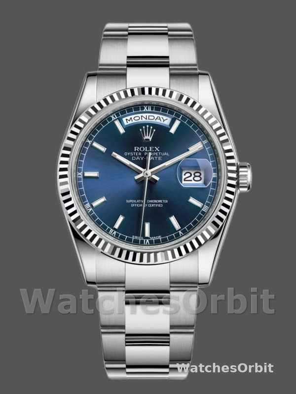 Rolex Day-Date 118239 White Gold Blue Dial Fluted Bezel 36mm Unisex Replica Watch