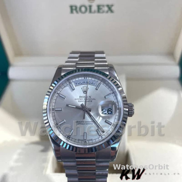 Rolex Day-Date 118239 White Gold Silver dial Fluted Bezel 36mm Unisex Replica Watch