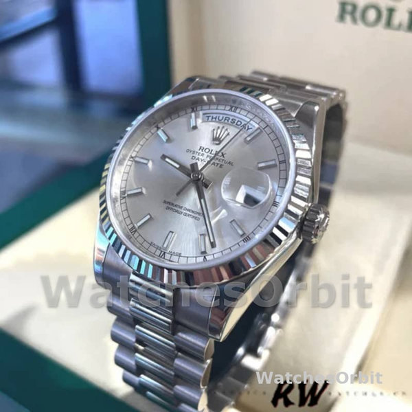 Rolex Day-Date 118239 White Gold Silver dial Fluted Bezel 36mm Unisex Replica Watch