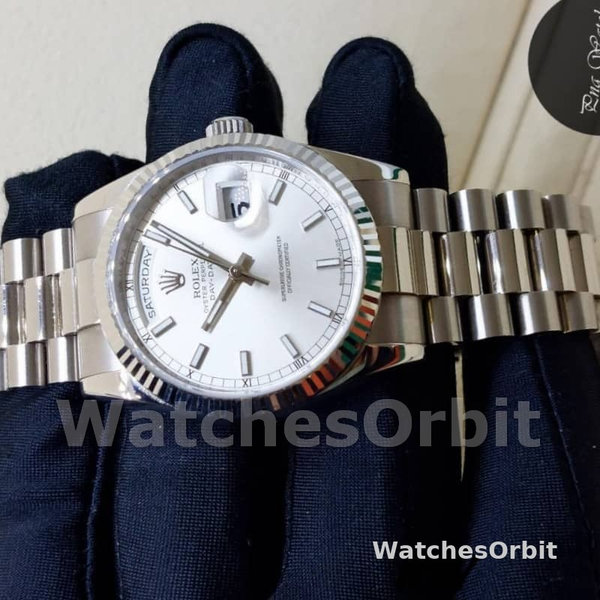 Rolex Day-Date 118239 White Gold White Dial Fluted Bezel 36mm Unisex Replica Watch