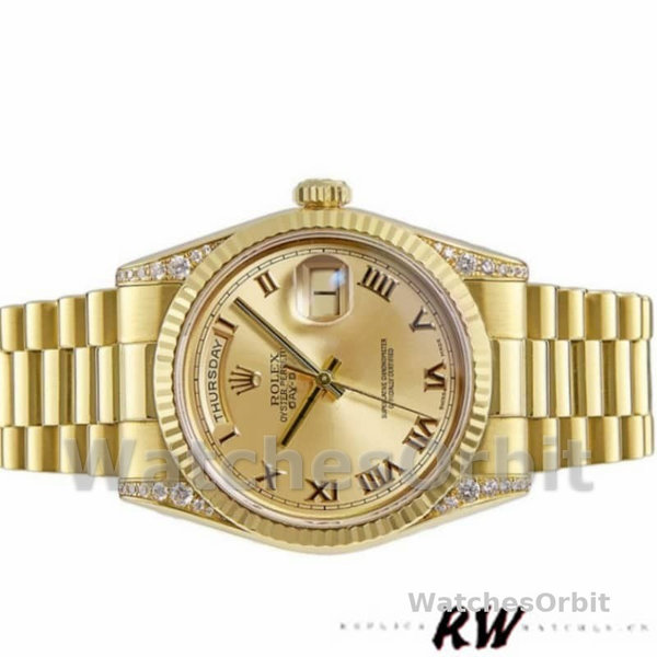 Rolex Day-Date 118338 Champagne Roman Dial Diamond Bezel 36MM Unisex Replica Watch