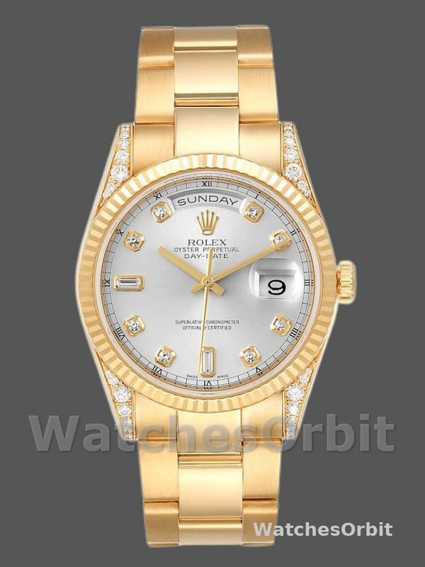 Rolex Day-Date 118338 Yellow gold Silver Diamond dial 36mm Unisex Replica Watch