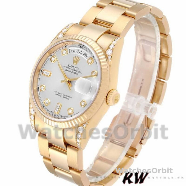 Rolex Day-Date 118338 Yellow gold Silver Diamond dial 36mm Unisex Replica Watch
