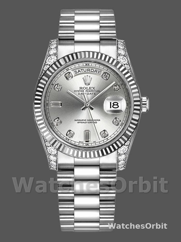 Rolex Day Date 118339 White Gold Silver Dial Fluted Bezel 36mm Unisex Replica Watch