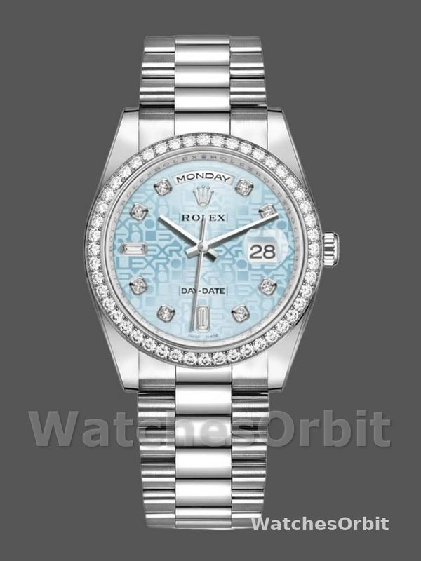 Rolex Day Date 118346 Blue Diamond Dial Platinum 36mm Unisex Replica Watch