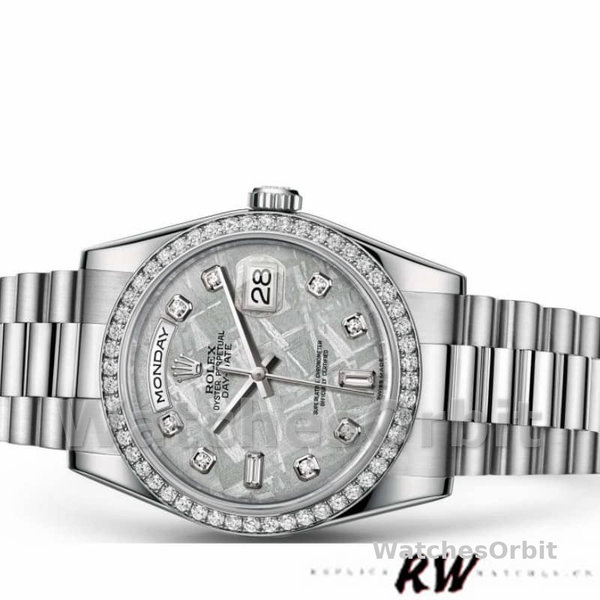 Rolex Day Date 118346 Platinum Diamond Bezel Meteorite Dial 36mm Unisex Replica Watch