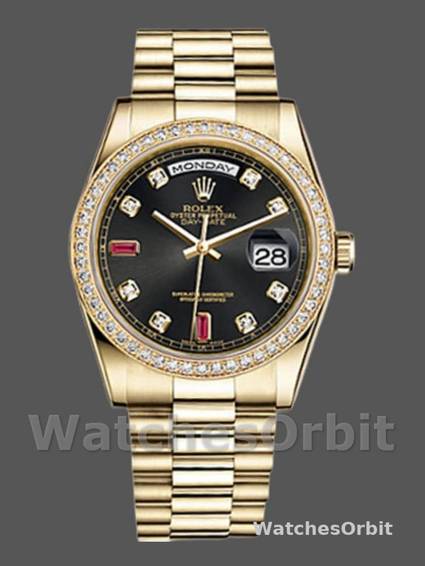 Rolex Day Date 118348 Black Diamond Dial 36mm Unisex Replica Watch