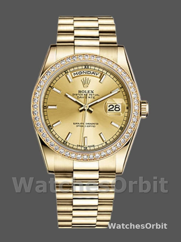 Rolex Day Date 118348 Champagne Index Dial Yellow Gold 36mm Unisex Replica Watch