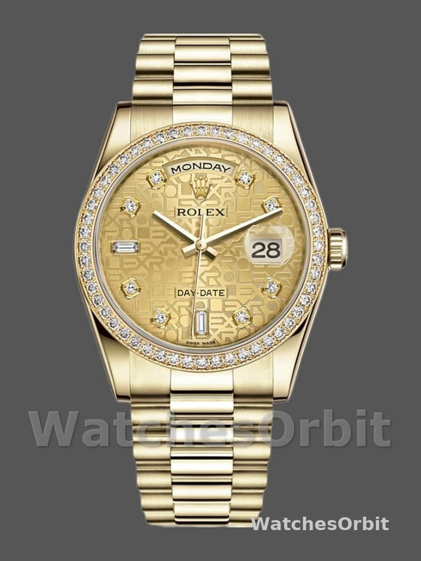 Rolex Day Date 118348 Champagne Jubilee Diamond Dial Yellow Gold 36mm Unisex Replica Watch