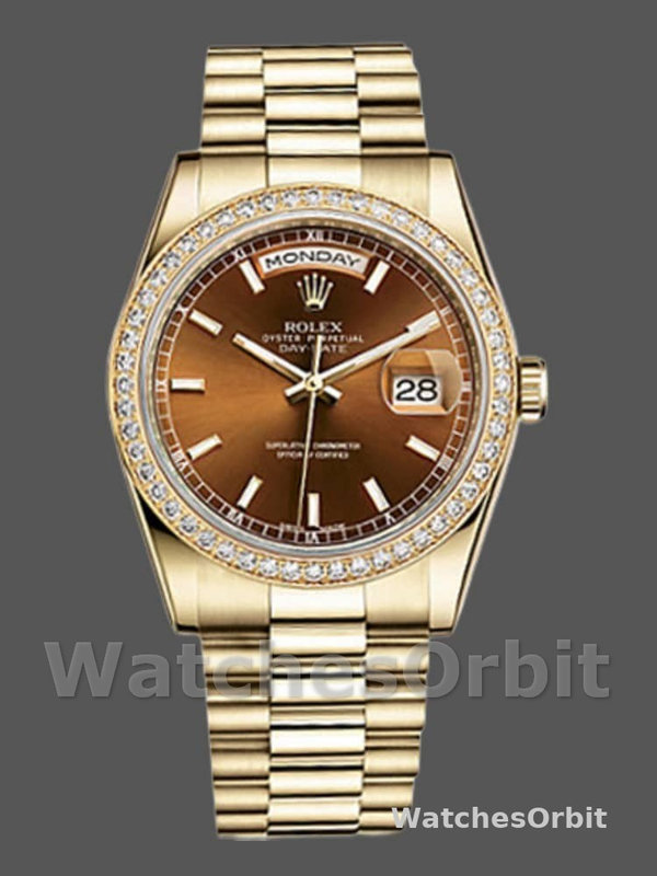Rolex Day Date 118348 Chocolate Brown Dial Yellow Gold 36mm Unisex Replica Watch