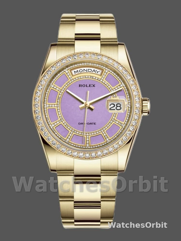 Rolex Day Date 118348 Lavender Jade Carousel Dial Yellow Gold 36mm Unisex Replica Watch