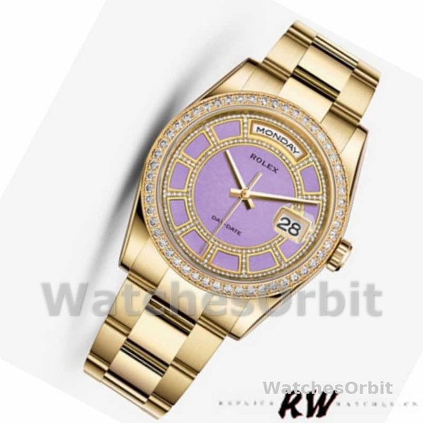 Rolex Day Date 118348 Lavender Jade Carousel Dial Yellow Gold 36mm Unisex Replica Watch