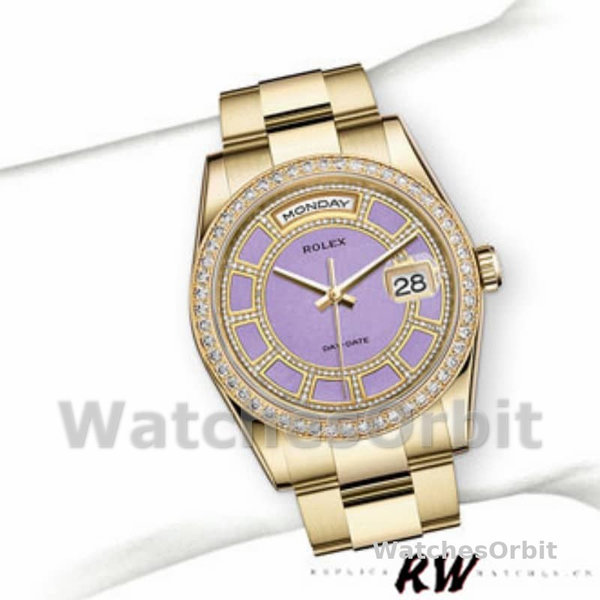 Rolex Day Date 118348 Lavender Jade Carousel Dial Yellow Gold 36mm Unisex Replica Watch