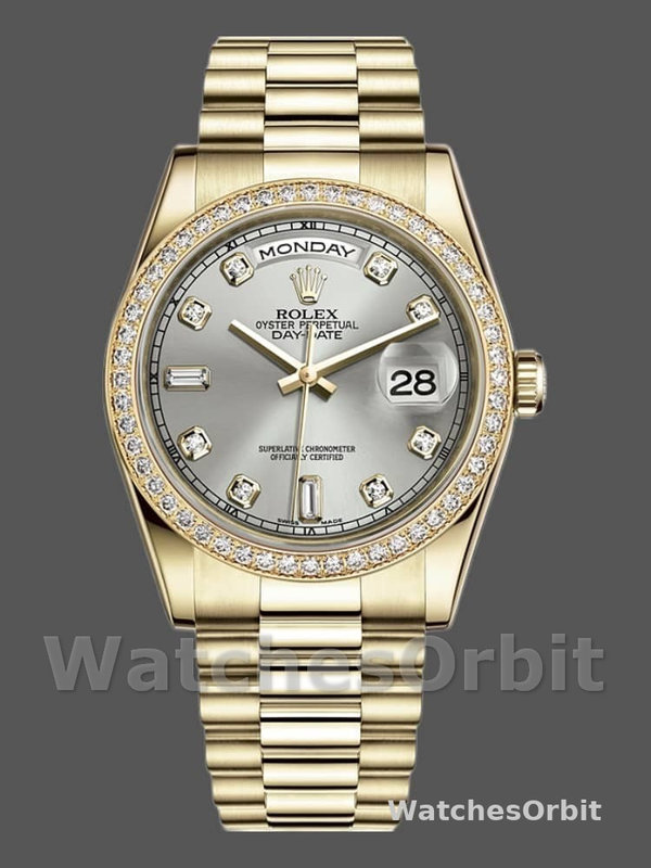 Rolex Day-Date 118348 Silver Diamond Dial 36mm Unisex Replica Watch