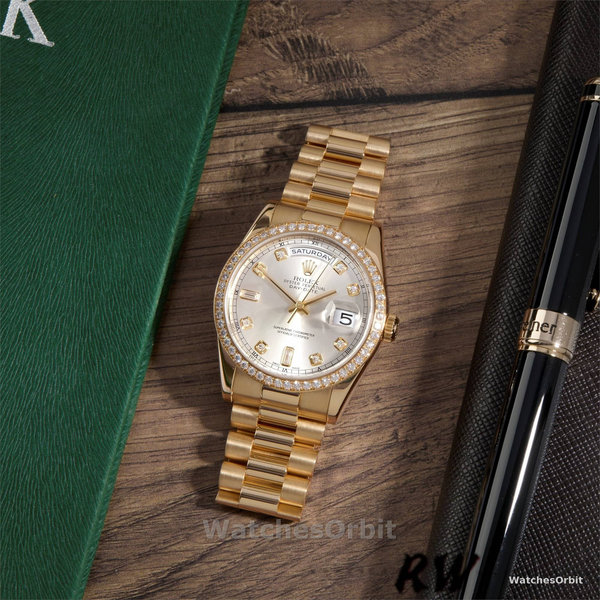 Rolex Day-Date 118348 Silver Diamond Dial 36mm Unisex Replica Watch