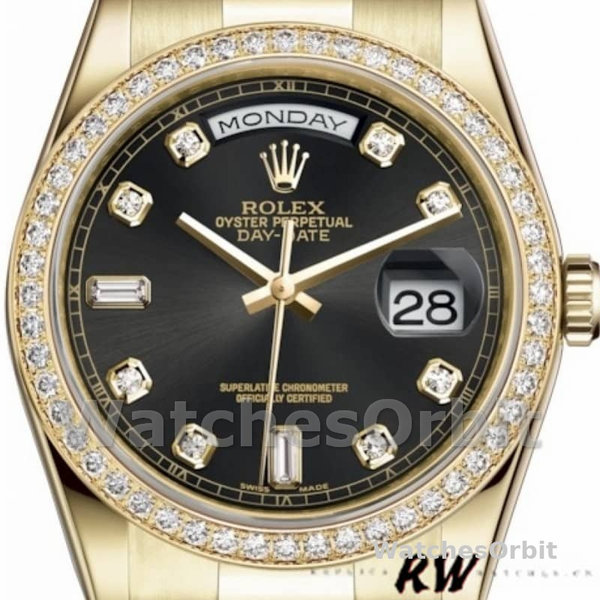 Rolex Day Date 118348 Yellow Gold Black Diamond Dial 36mm Unisex Replica Watch