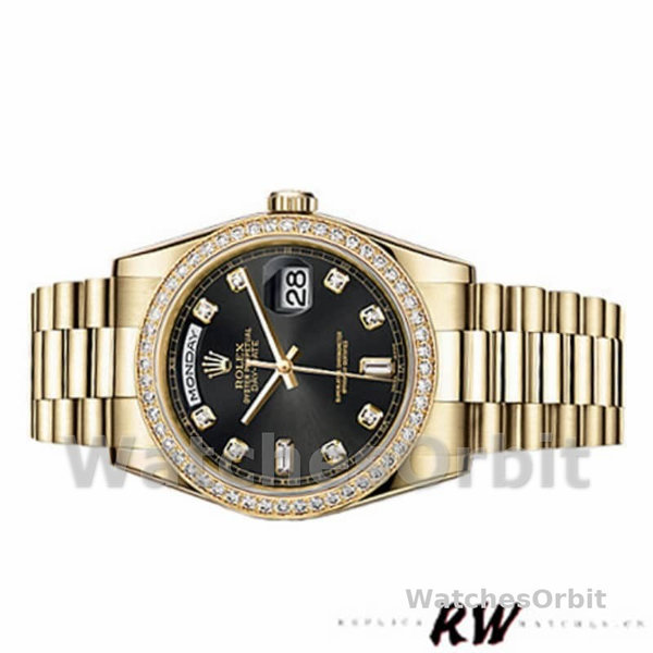 Rolex Day Date 118348 Yellow Gold Black Diamond Dial 36mm Unisex Replica Watch