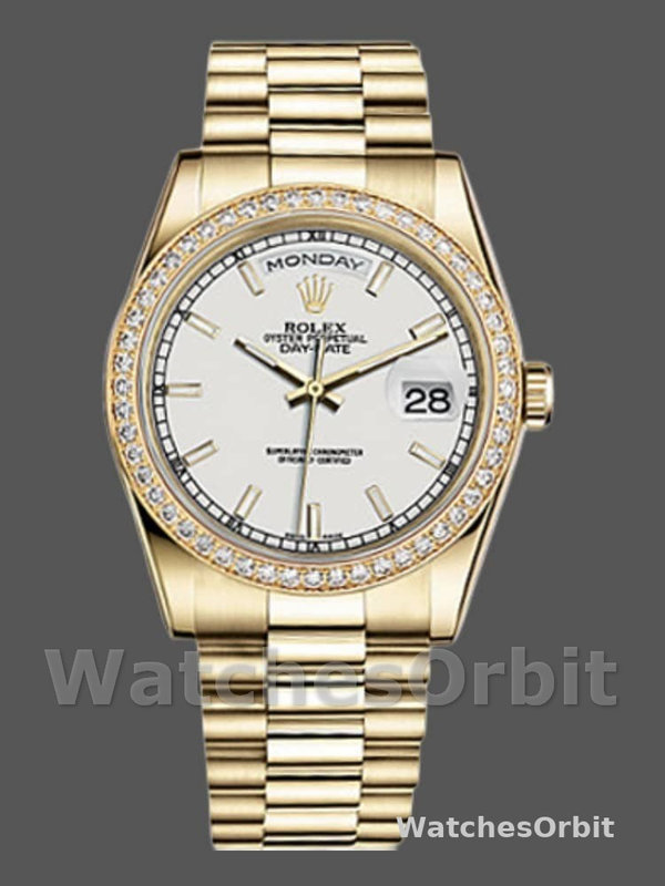Rolex Day-Date 118348 Yellow Gold White Dial 36mm Unisex Replica Watch