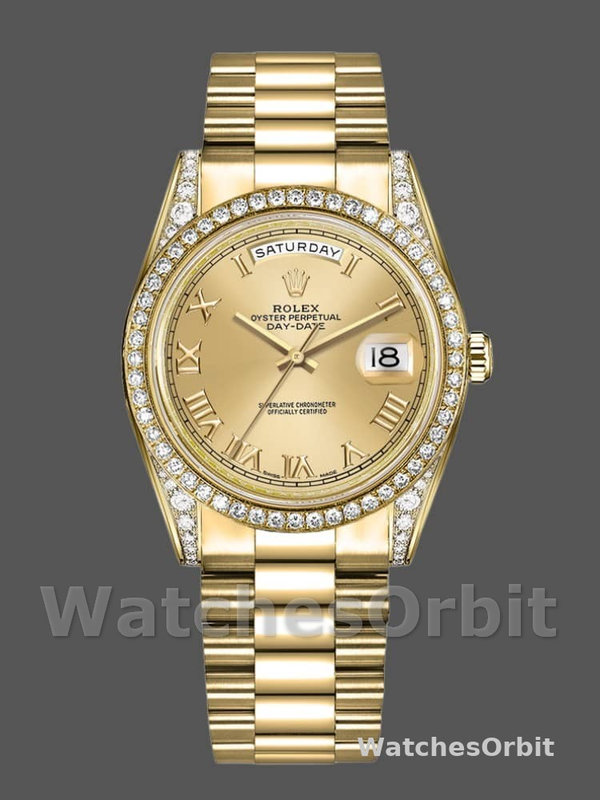 Rolex Day-Date 118388 Diamond Bezel Champagne Roman Numeral Dial 36MM Unisex Replica Watch
