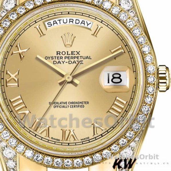 Rolex Day-Date 118388 Diamond Bezel Champagne Roman Numeral Dial 36MM Unisex Replica Watch