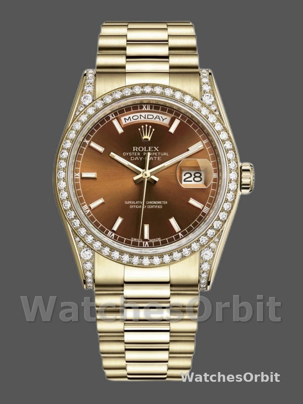 Rolex Day-Date 118388 Diamond Bezel Chocolate Brown Dial 36MM Unisex Replica Watch